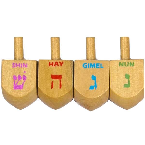 Little Wooden Dreidels Colored Writing by Jewish Educational Toys