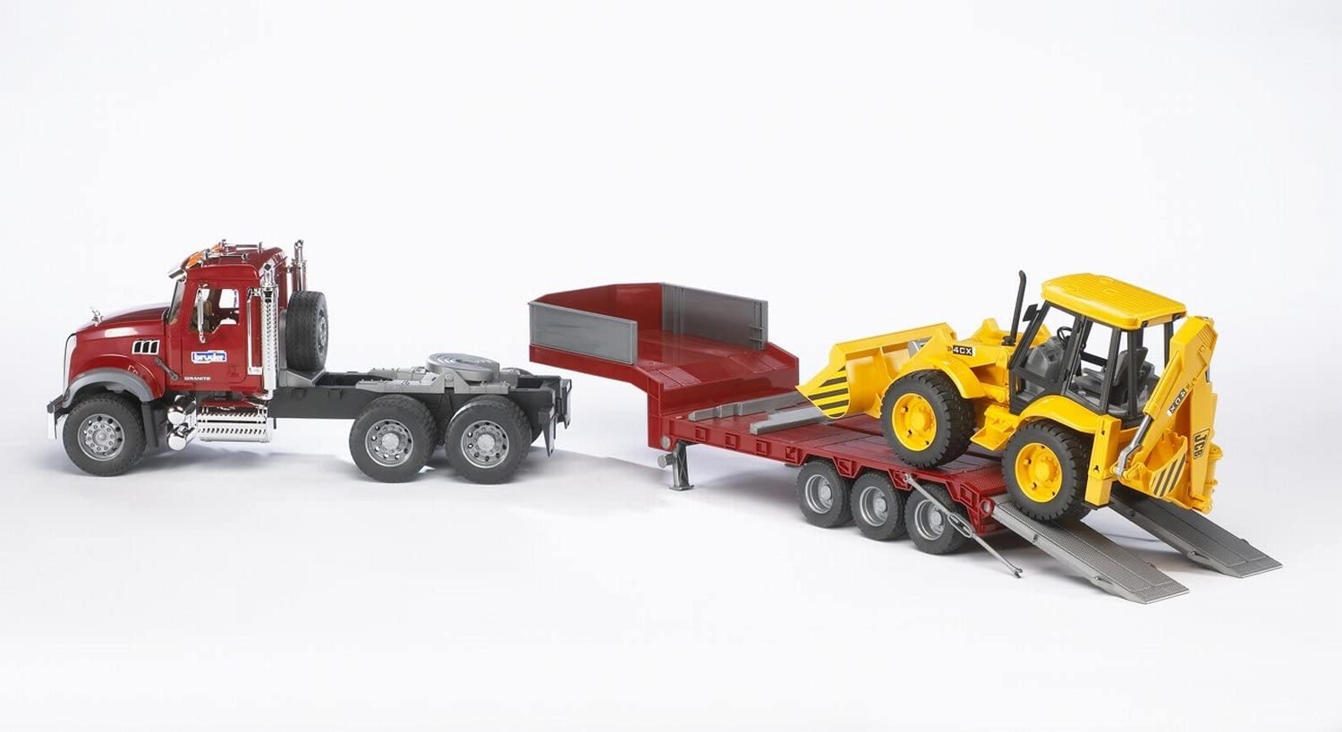 Mack Granite Flatbed Truck with JCB Loader Backhoe by Bruder 2