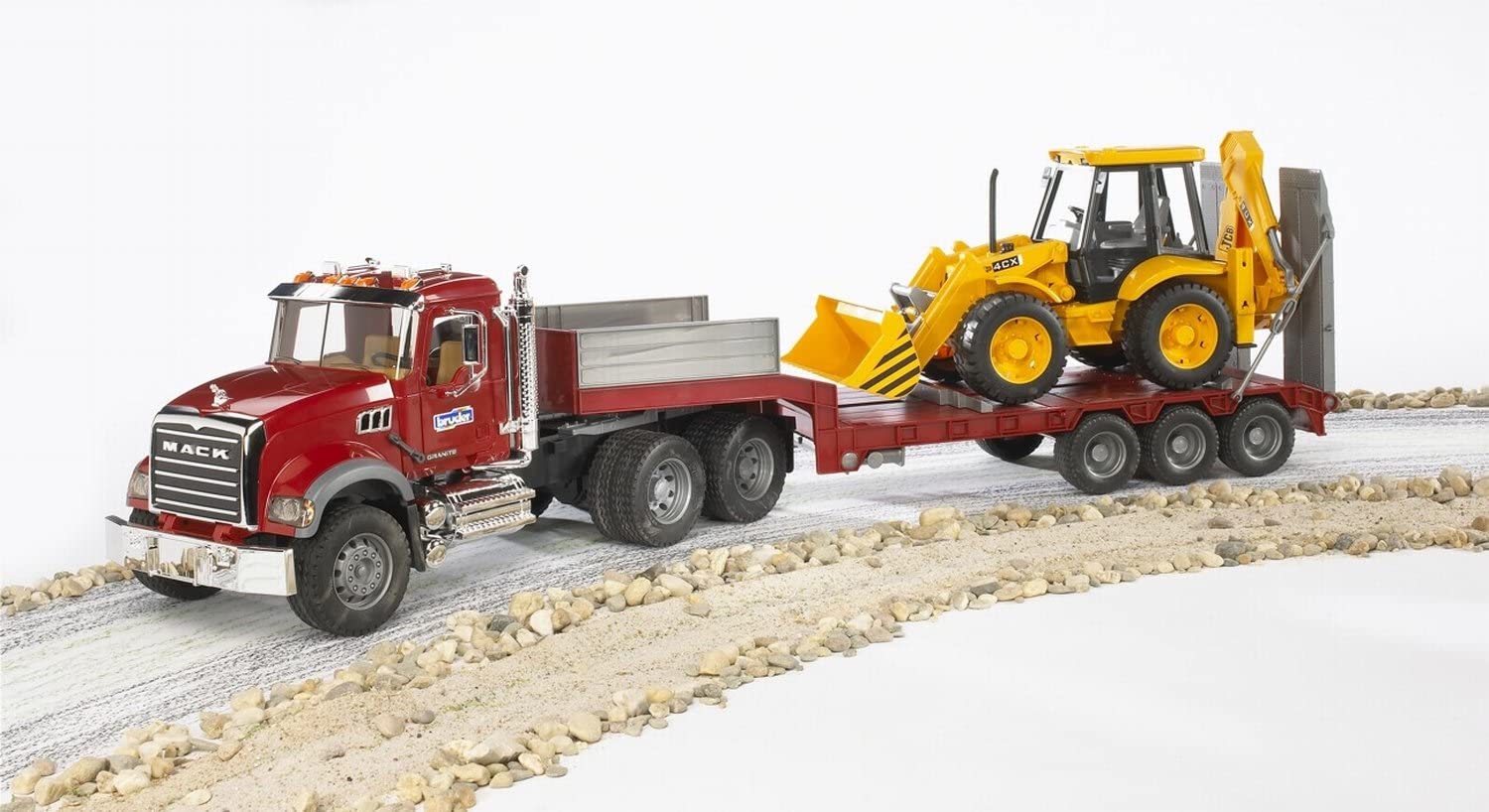 Mack Granite Flatbed Truck with JCB Loader Backhoe by Bruder 5