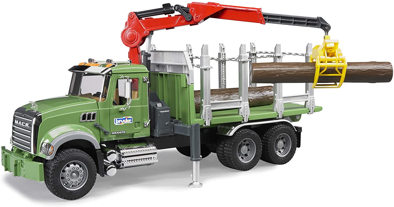 Mack Granite Timber Truck with Loading Crane and 3 Logs by Bruder