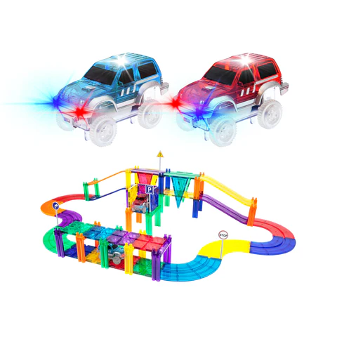 PicassoTiles Magnetic Tiles Race Track with LED Cars-by-PicassoTiles