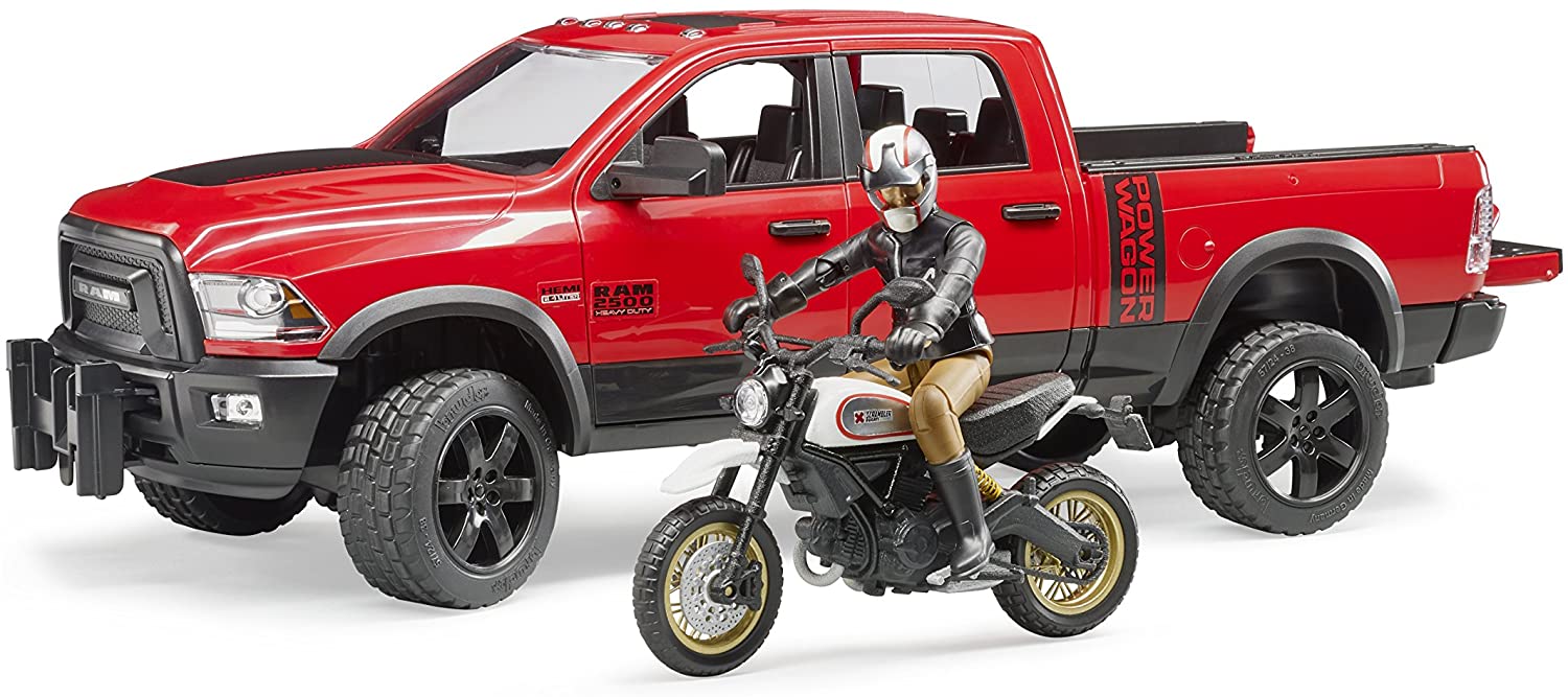 Ram 2500 Power Wagon with Ducati Scarmbler Desert Sled and Driver by Bruder