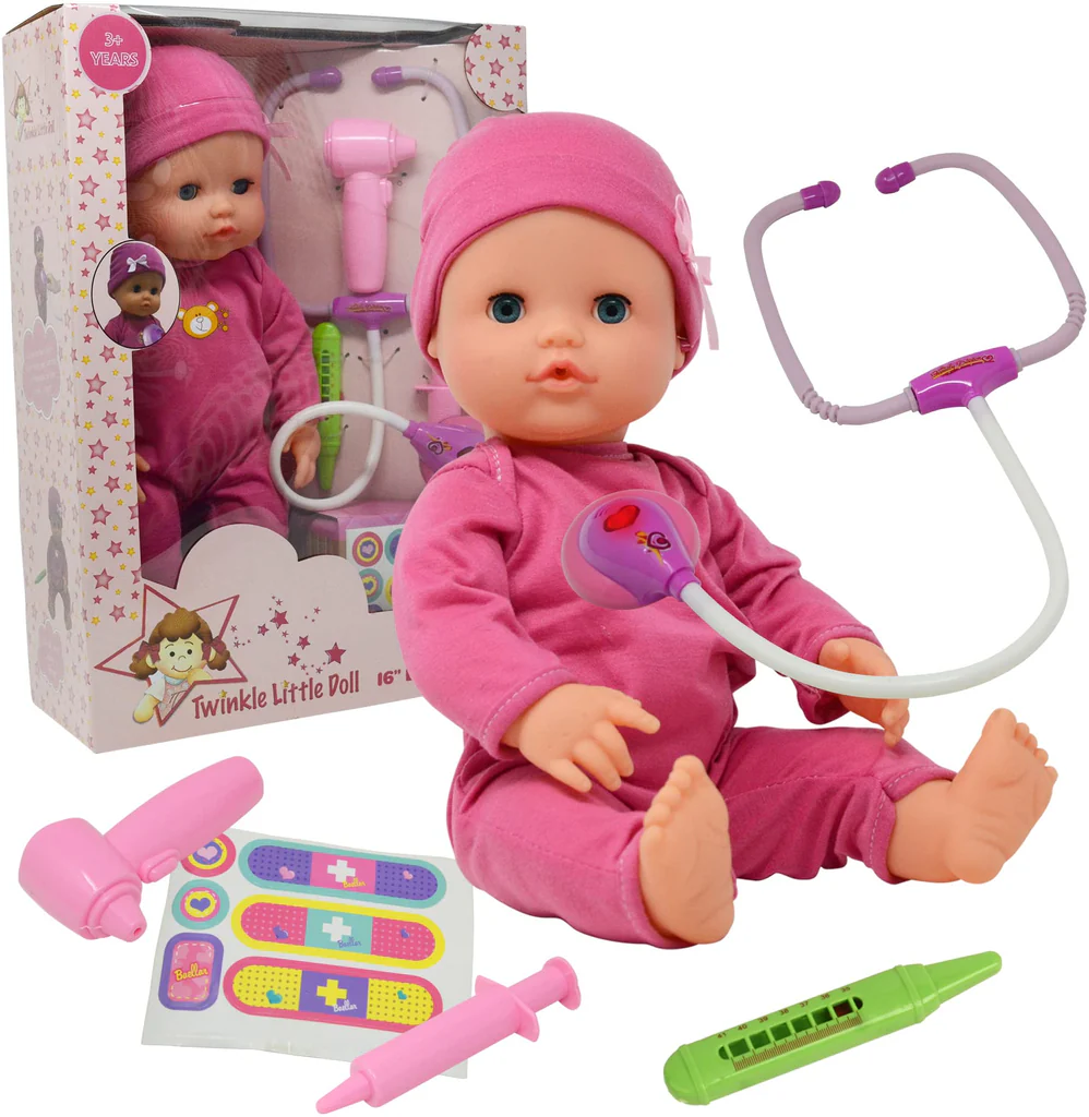 Interactive 16” Baby Doll Toy Doctor Kit with Light Up Heartbeat Sound Stethoscope-by-New York Doll
