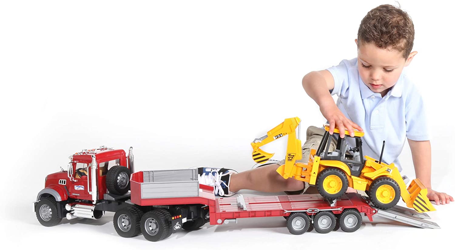 Mack Granite Flatbed Truck with JCB Loader Backhoe by Bruder 3