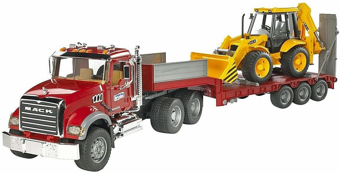 Mack Granite Flatbed Truck with JCB Loader Backhoe by Bruder
