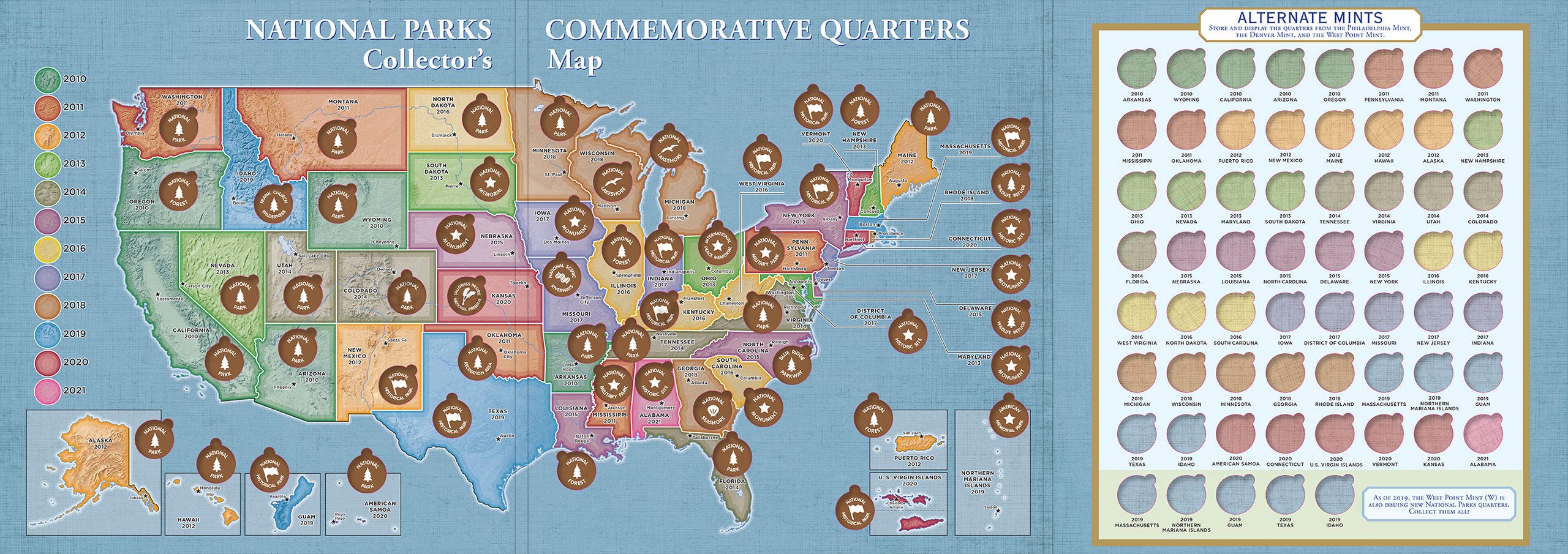 National Parks Commemorative Quarters Collectors Map 2010 2021 by Peter Pauper Press 1