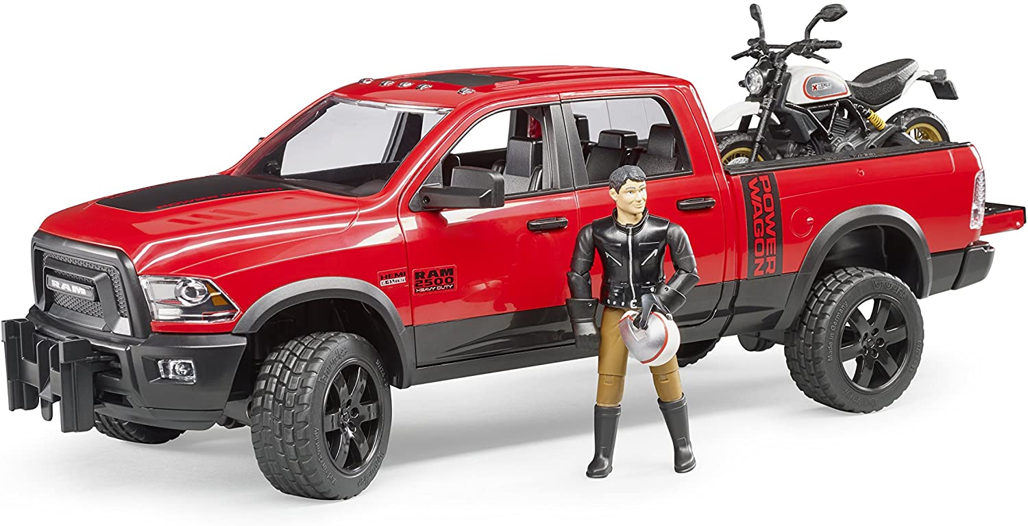 Ram 2500 Power Wagon with Ducati Scarmbler Desert Sled and Driver by Bruder 1